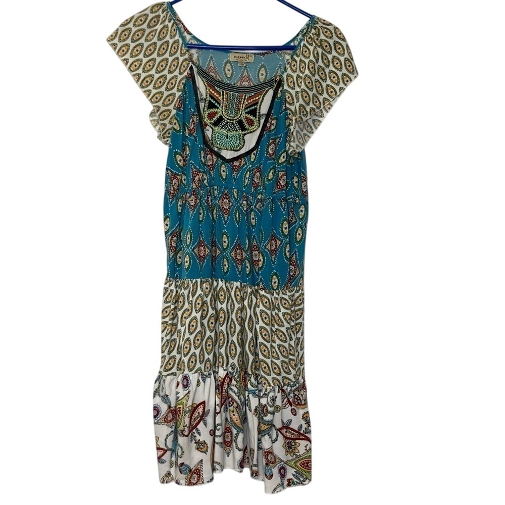 One World Tiered‎ Dress Bohemian Print Flutter Sleeve Casual S Beaded Boho Art